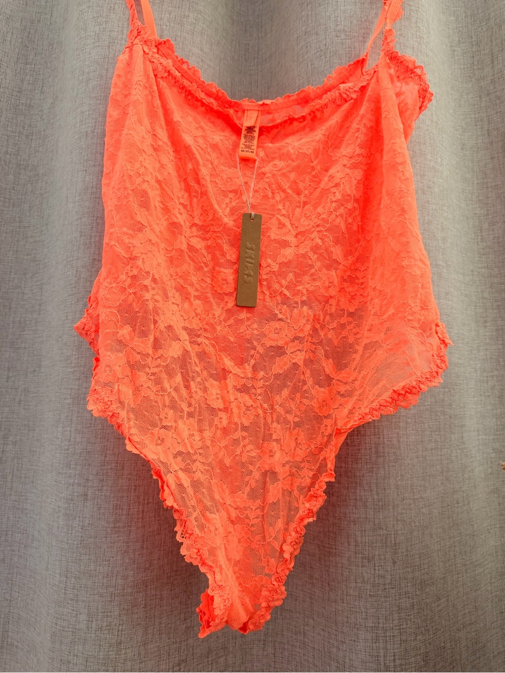 SKIMS Neon Coral Lace Bodysuit